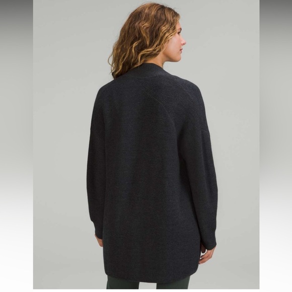 Lululemon Merino Wool-Blend Ribbed Long Wrap Sweater in Heather Black - Picture 2 of 9